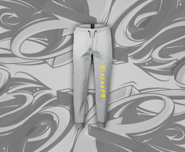 gray joggers, blue Bannacis text